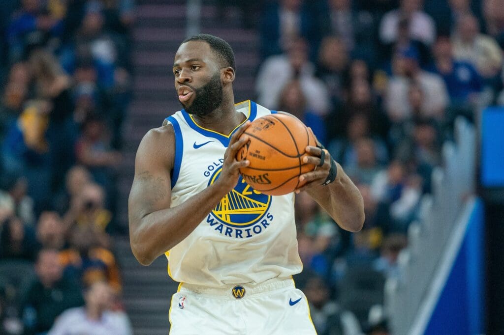 Nov 11, 2019; San Francisco, CA, USA; Golden State Warriors forward Draymond Green (23) passes the basketball during the second quarter against the Utah Jazz at Chase Center.