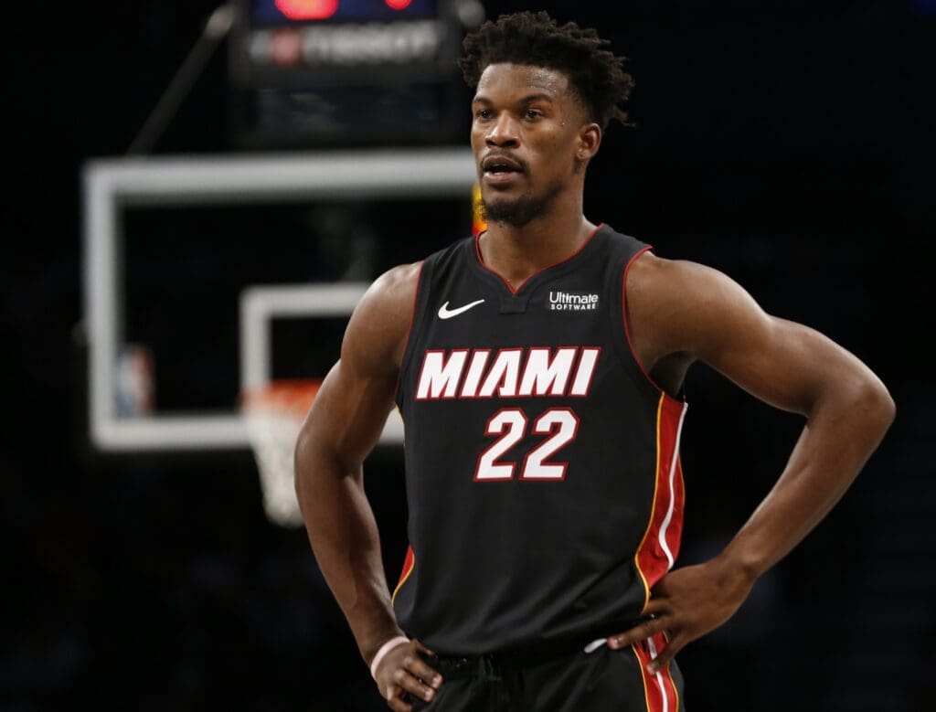 Dec 1, 2019; Brooklyn, NY, USA; Miami Heat forward Jimmy Butler (22) in the second quarter against the Brooklyn Nets at Barclays Center.