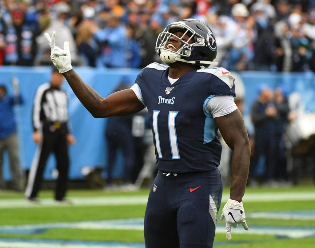 Dec 22, 2019; Nashville, Tennessee, USA; Tennessee Titans wide receiver A.J. Brown (11) celebrates after a touchdown during the first half against the New Orleans Saints at Nissan Stadium