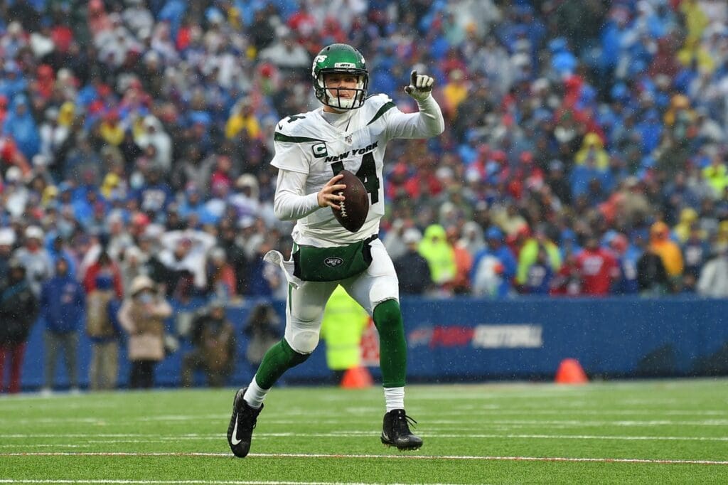 Dec 29, 2019; Orchard Park, New York, USA; New York Jets quarterback Sam Darnold (14) looks to pass against the Buffalo Bills during the second quarter at New Era Field.