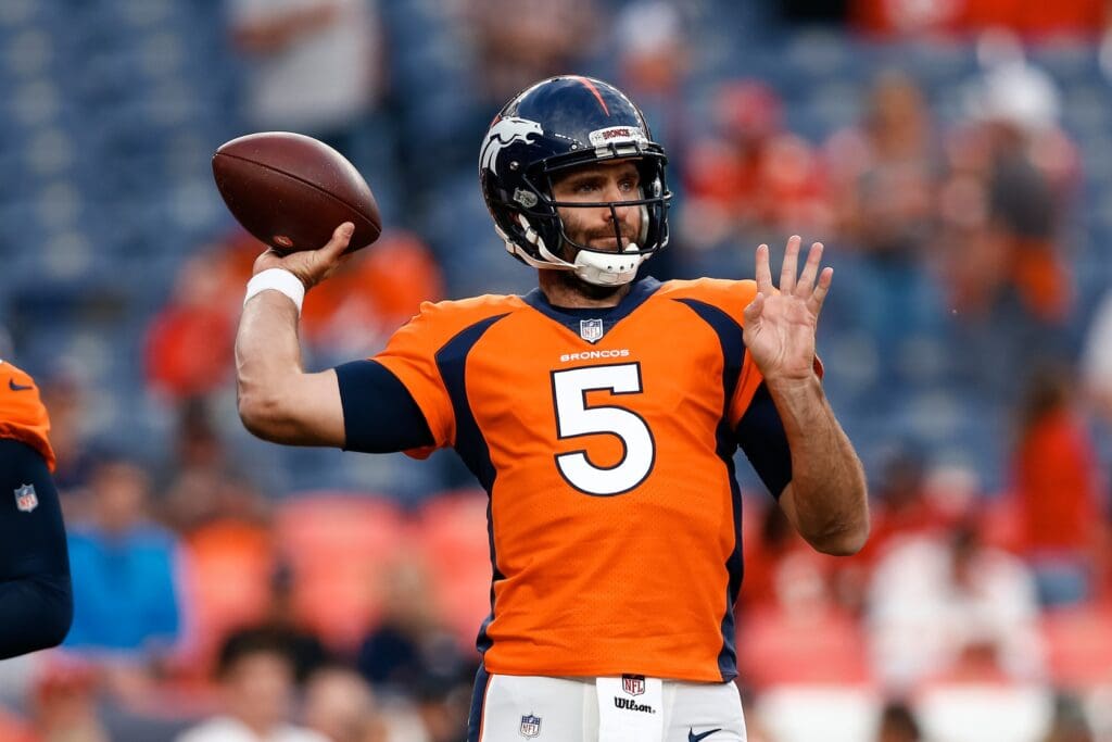Oct 17, 2019; Denver, CO, USA; Denver Broncos quarterback Joe Flacco (5) warms up before the game against the Kansas City Chiefs at Empower Field at Mile High