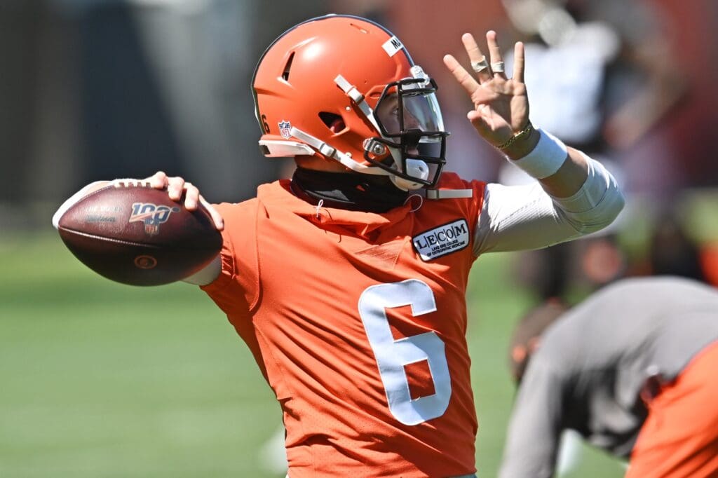 Aug 20, 2020; Berea, Ohio, USA; Cleveland Browns quarterback Baker Mayfield (6) throws a pass during training camp at the Cleveland Browns training facility