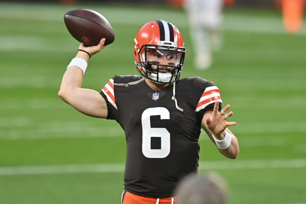 Sep 17, 2020; Cleveland, Ohio, USA; Cleveland Browns quarterback Baker Mayfield (6) warms up before the game between the Cleveland Browns and the Cincinnati Bengals at FirstEnergy Stadium.