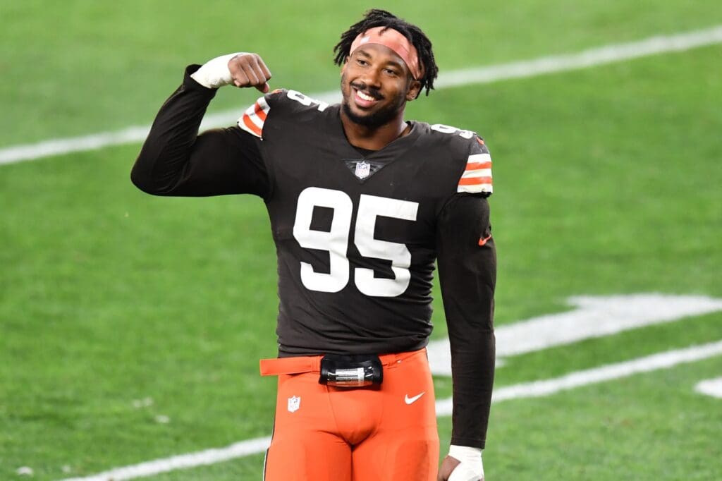 Sep 17, 2020; Cleveland, Ohio, USA; Cleveland Browns defensive end Myles Garrett (95) celebrates after the Browns beat the Cincinnati Bengals at FirstEnergy Stadium