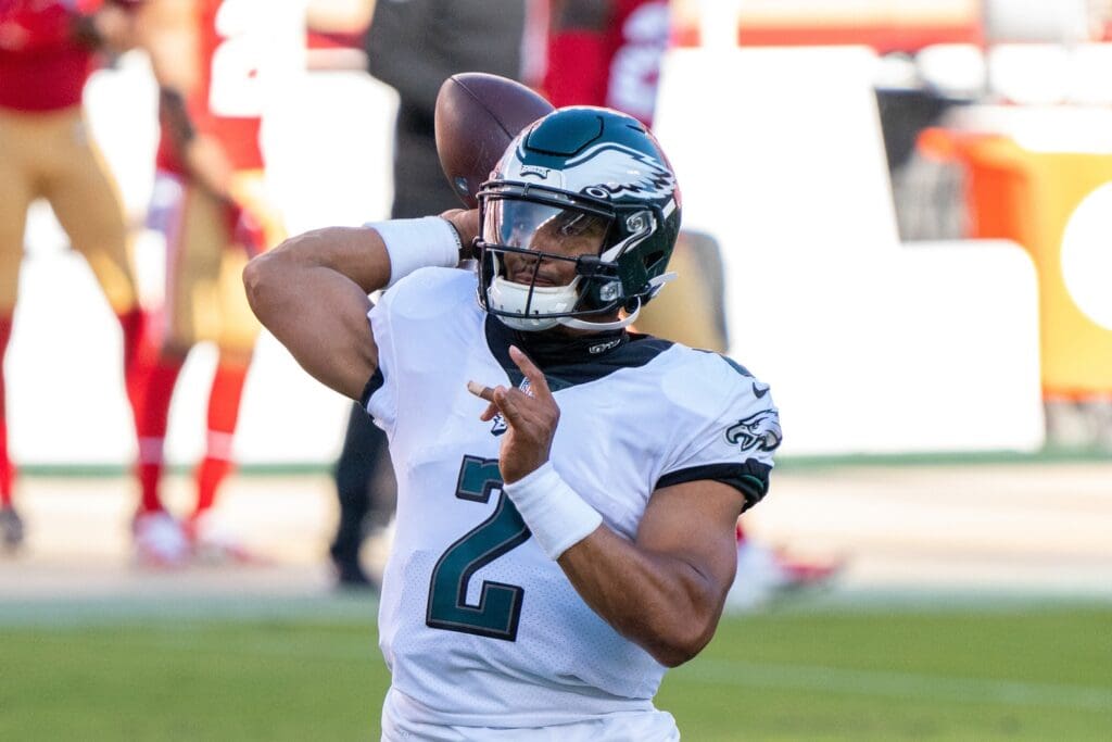 October 4, 2020; Santa Clara, California, USA; Philadelphia Eagles quarterback Jalen Hurts (2) before the game against the San Francisco 49ers at Levi's Stadium.