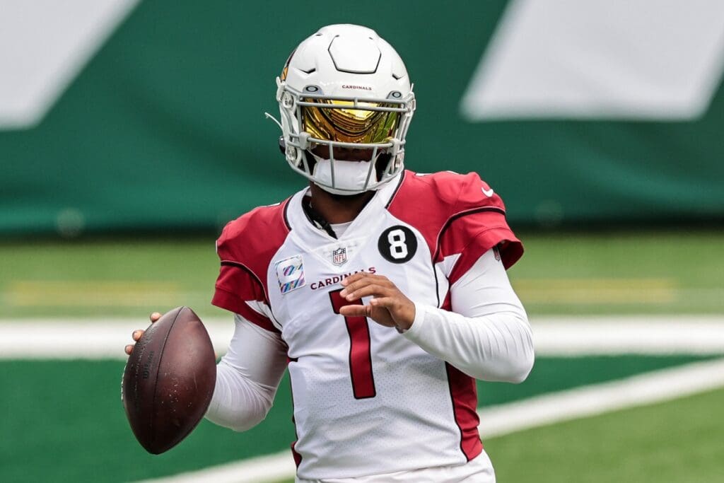 Oct 11, 2020; East Rutherford, New Jersey, USA; Arizona Cardinals quarterback Kyler Murray (1) warms up before his game against the New York Jets at MetLife Stadium.