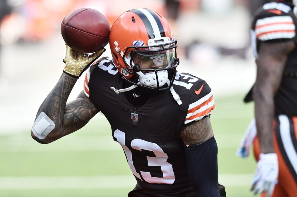 Oct 11, 2020; Cleveland, Ohio, USA; Cleveland Browns wide receiver Odell Beckham Jr. (13) warms up before the game between the Cleveland Browns and the Indianapolis Colts at FirstEnergy Stadium