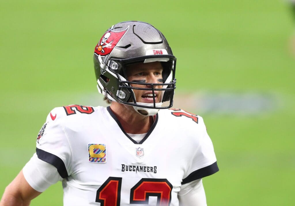 Oct 25, 2020; Paradise, Nevada, USA; Tampa Bay Buccaneers quarterback Tom Brady (12) against the Las Vegas Raiders at Allegiant Stadium.