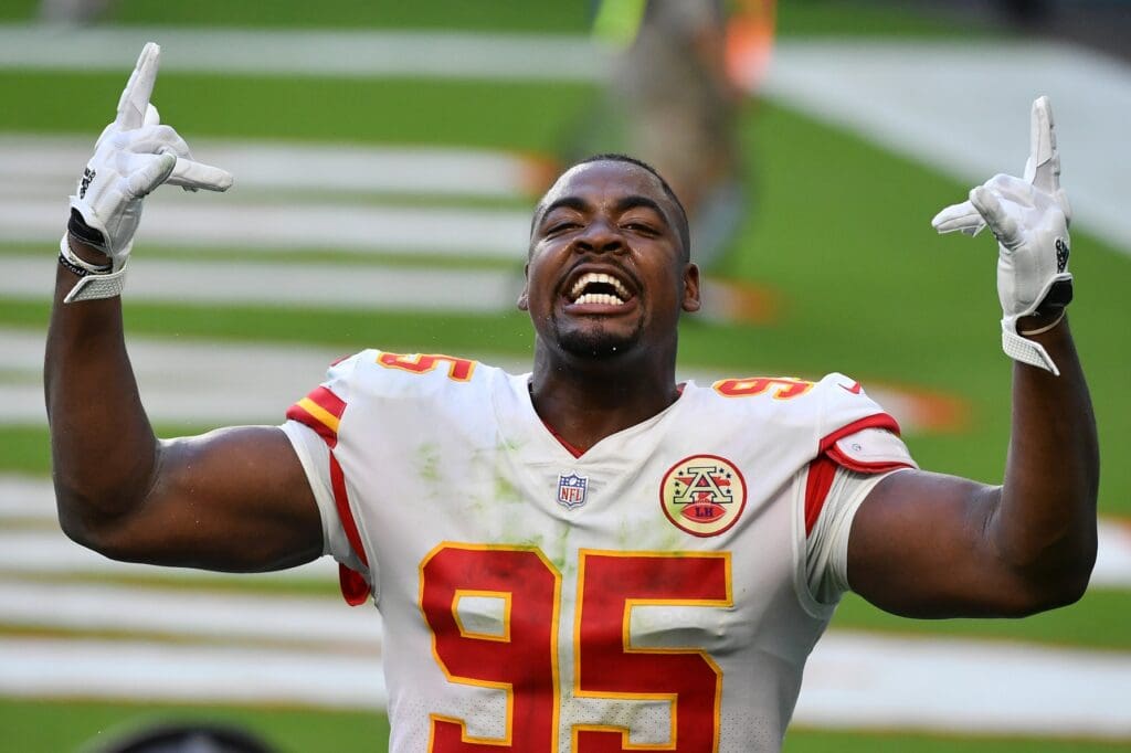 Dec 13, 2020; Miami Gardens, Florida, USA; Kansas City Chiefs defensive tackle Chris Jones (95) celebrates after defeating the Miami Dolphins at Hard Rock Stadium.