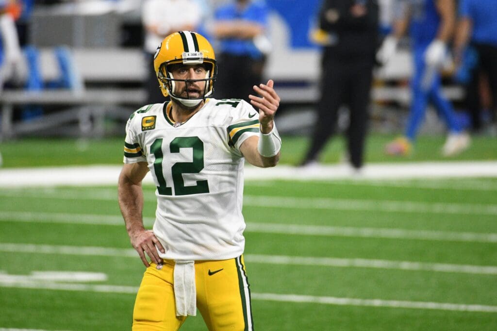 Dec 13, 2020; Detroit, Michigan, USA; Green Bay Packers quarterback Aaron Rodgers (12) gestures during the fourth quarter against the Detroit Lions at Ford Field