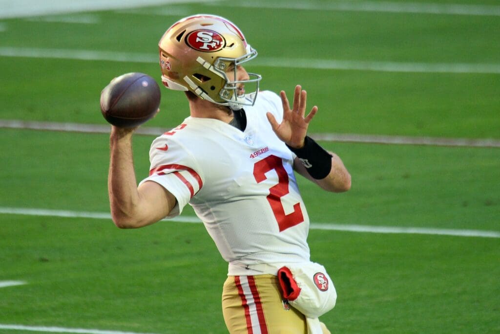 Dec 26, 2020; Glendale, Arizona, USA; San Francisco 49ers quarterback Josh Rosen (2) warms up prior to facing the Arizona Cardinals at State Farm Stadium.