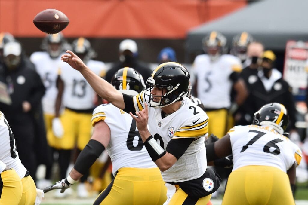 Jan 3, 2021; Cleveland, Ohio, USA; Pittsburgh Steelers quarterback Mason Rudolph (2) throws a pass during the first quarter against the Cleveland Browns at FirstEnergy Stadium.