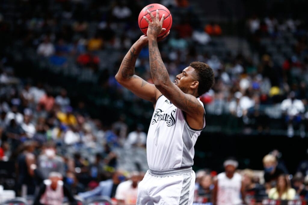 Jul 31, 2021; Dallas, Texas, USA; Enemies guard Nick Young (1) shoots against Triplets during week four of the Big3 3-on-3 basketball league at American Airlines Center. Mandatory Credit: Aric Becker-USA TODAY Sports