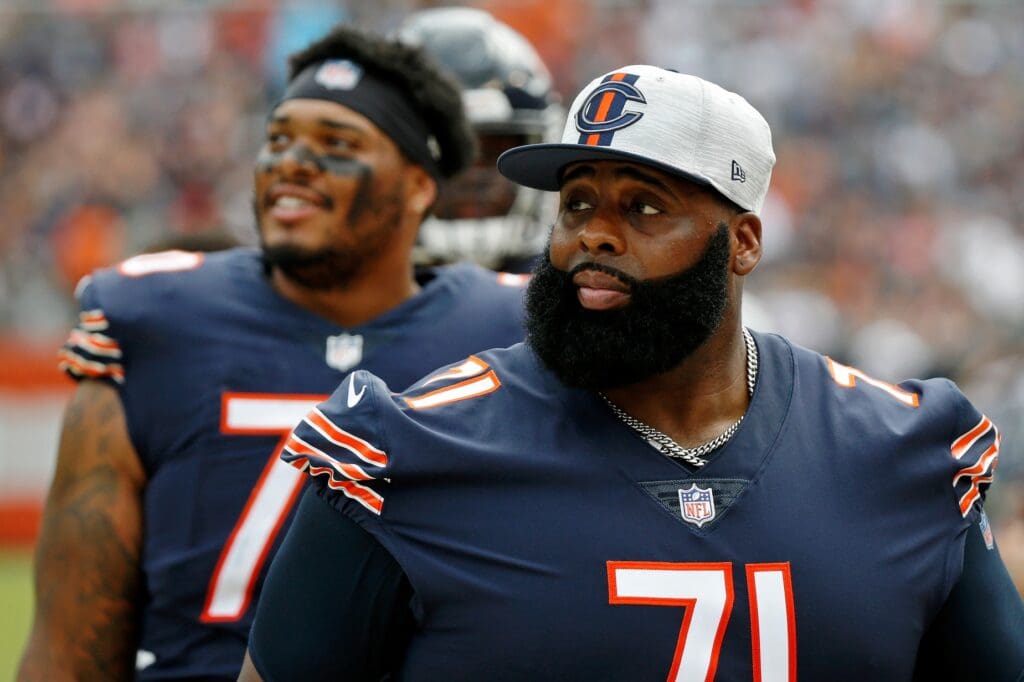 Aug 21, 2021; Chicago, Illinois, USA; Chicago Bears offensive tackle Jason Peters (71) looks on from the sideline during the second half against the Buffalo Bills at Soldier Field. The Buffalo Bills won 41-15.
