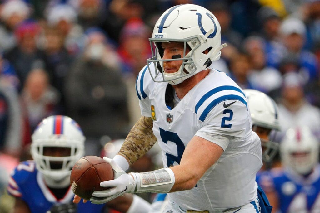 Indianapolis Colts quarterback Carson Wentz (2) fakes a handoff during the first quarter of the game Sunday, Nov. 21, 2021, at Highmark Stadium in Orchard Park, N.Y. Indianapolis Colts At Buffalo Bills Nfl On Sunday Nov 21 2021 At Highmark Stadium In Orchard Park N Y