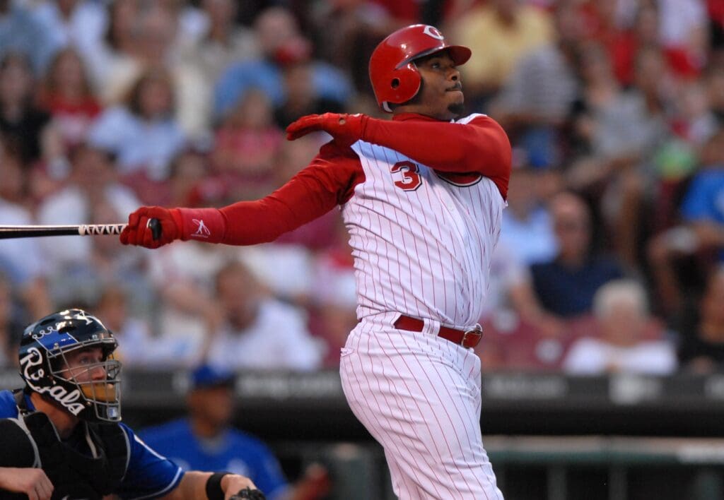 June 27, 2006; Cincinnati, OH, USA; Cincinnati Reds center fielder (3) Ken Griffey Jr watches career home run number 550 as Kansas City Royals catcher (14) John Buck watches in the third inning at Great American Ball Park in Cincinnati, OH.
