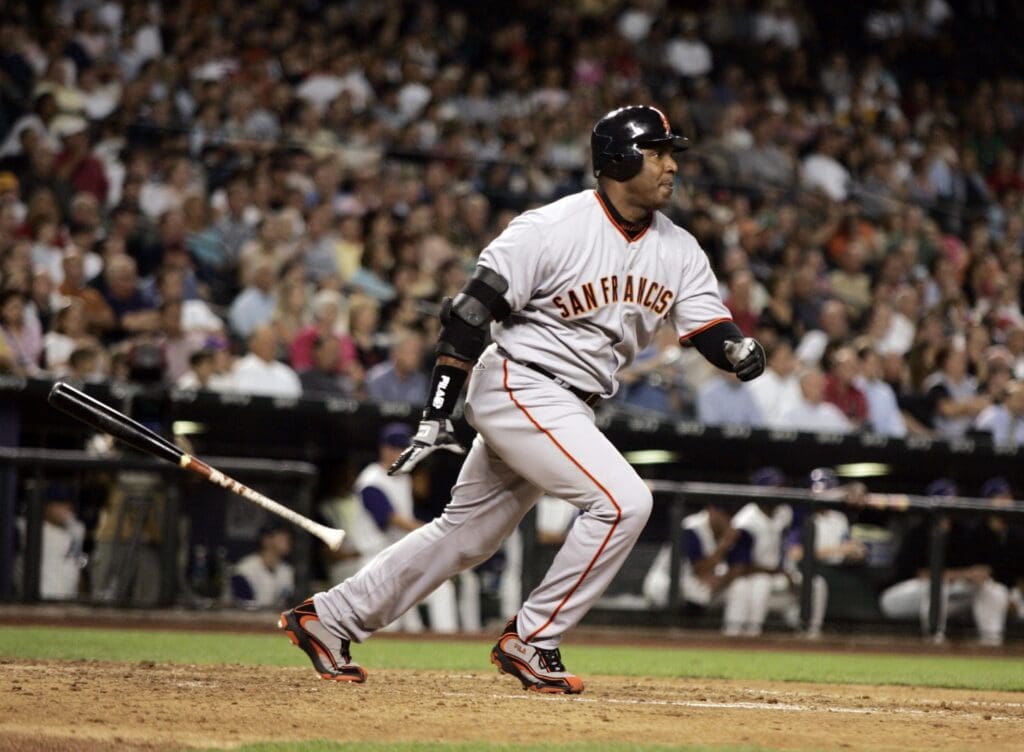 Apr 17, 2006; Phoenix, AZ, USA; San Francisco Giants left fielder (25) Barry Bonds hits a double against the Arizona Diamondbacks at Chase Field. Mandatory Credit: Rick Scuteri-USA TODAY Sports Copyright Rick Scuteri