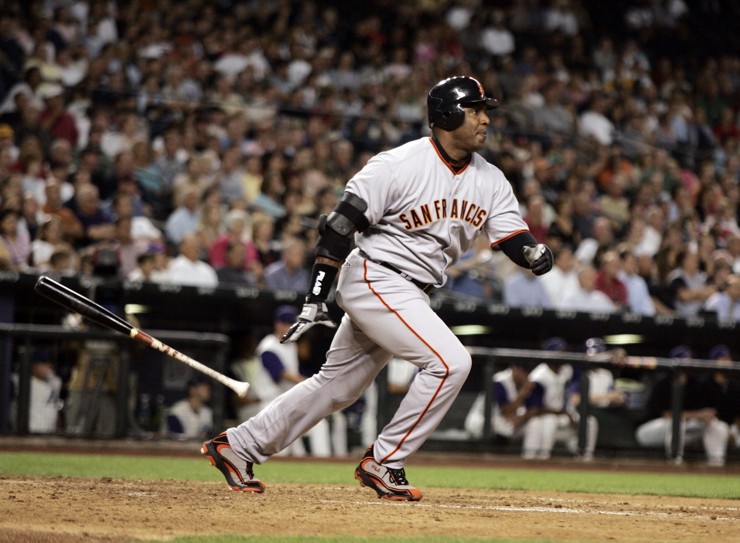 Apr 17, 2006; Phoenix, AZ, USA; San Francisco Giants left fielder (25) Barry Bonds hits a double against the Arizona Diamondbacks at Chase Field. Mandatory Credit: Rick Scuteri-USA TODAY Sports Copyright Rick Scuteri