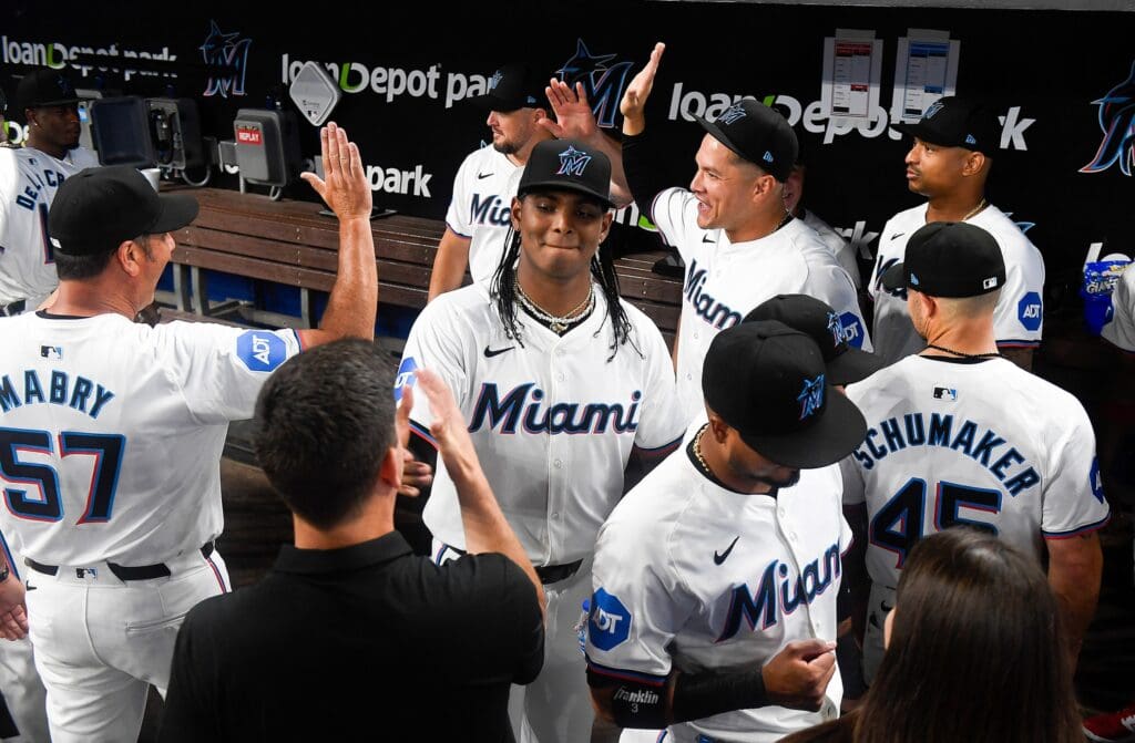 Mar 28, 2024; Miami, Florida, USA; Miami Marlins starting pitcher Edward Cabrera gets his team excited before playing the Pittsburgh Pirates at loanDepot Park