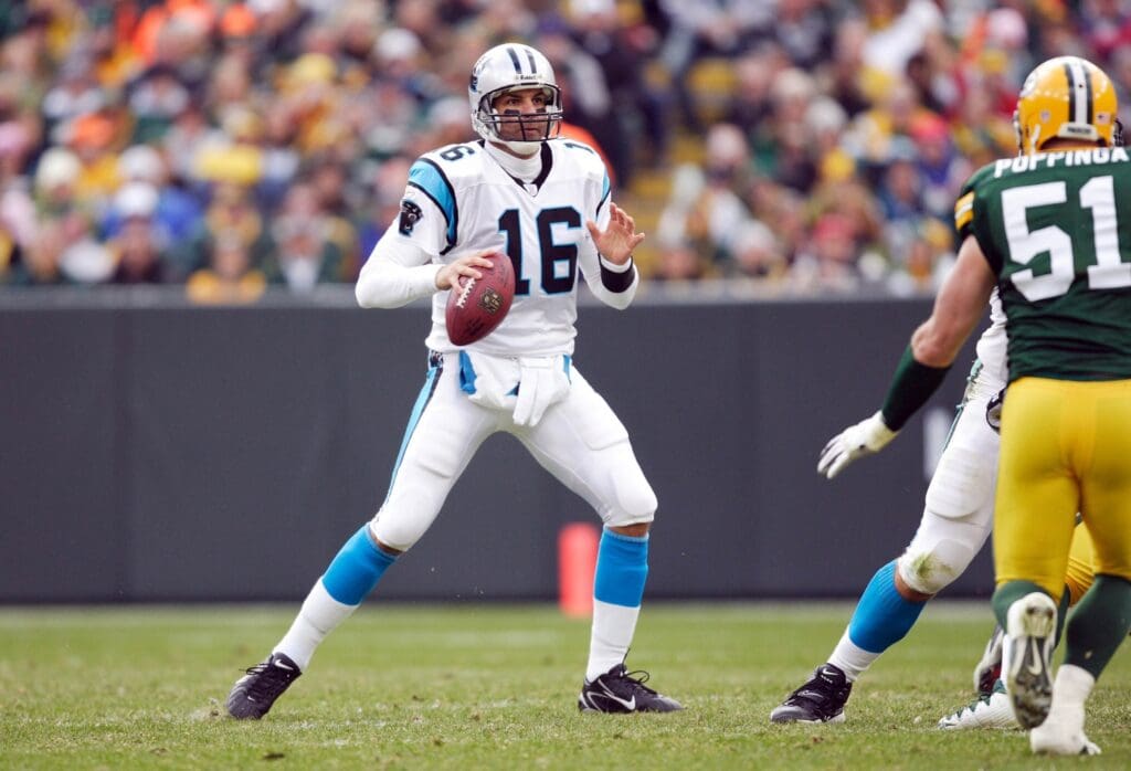 November 18, 2007; Green Bay, WI, USA; Carolina Panthers quarterback Vinny Testaverde (16) looks to throw a pass against the Green Bay Packers at Lambeau Field. The Packers defeated the Panthers 31-17