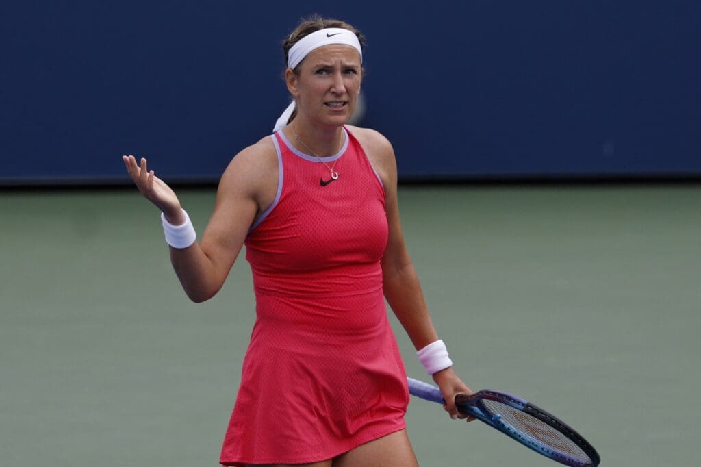 Aug 30, 2024; Flushing, NY, USA; Victoria Azarenka gestures after winning the second set against Yafan Wang (CHN) (not pictured) in a women's singles match on day five of the 2024 U.S. Open tennis tournament at Billie Jean King USTA National Tennis Center.