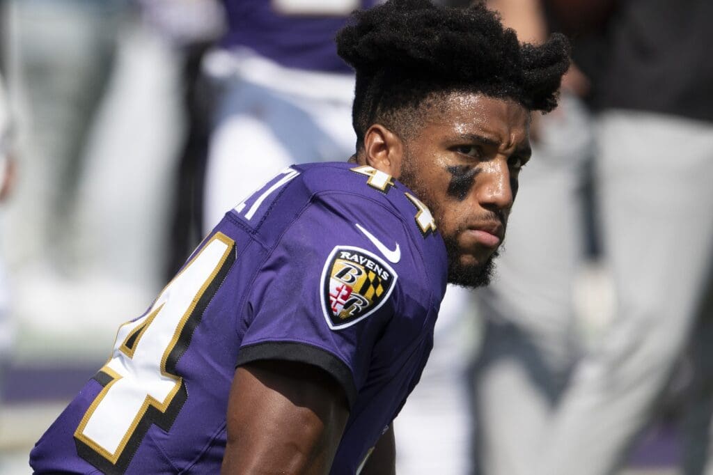 Sep 15, 2024; Baltimore, Maryland, USA; Baltimore Ravens cornerback Marlon Humphrey (44) on the field before the game against the Las Vegas Raiders at M&T Bank Stadium.