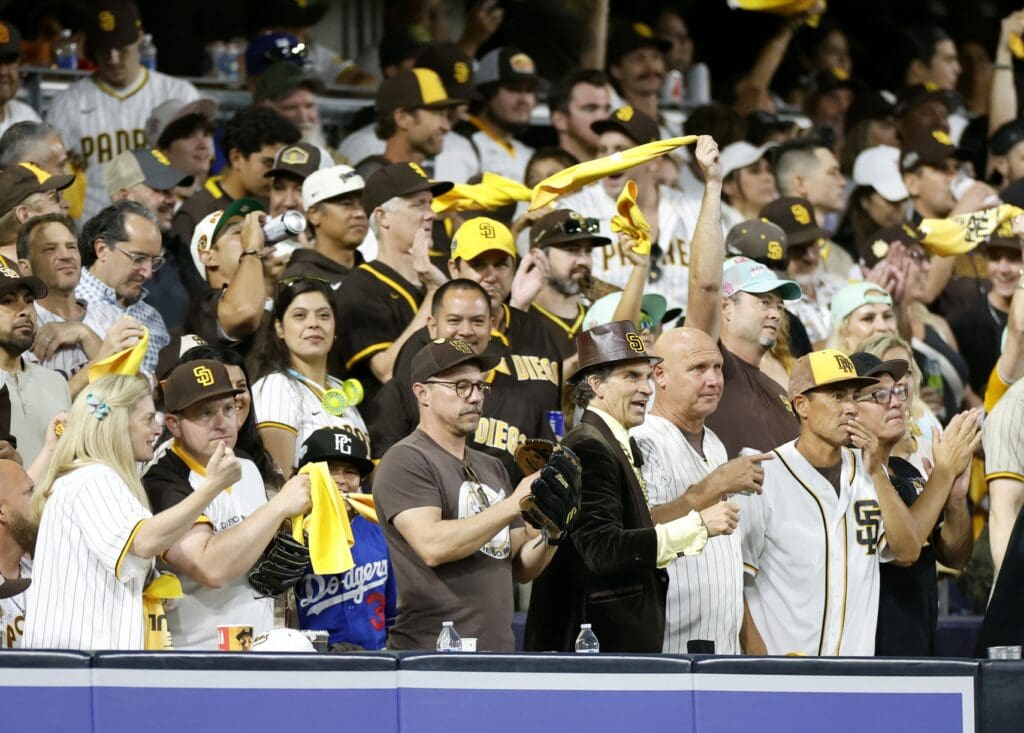 Oct 8, 2024; San Diego, California, USA; San Diego Padres fans in the second inning during game three of the NLDS for the 2024 MLB Playoffs against the Los Angeles Dodgers at Petco Park.