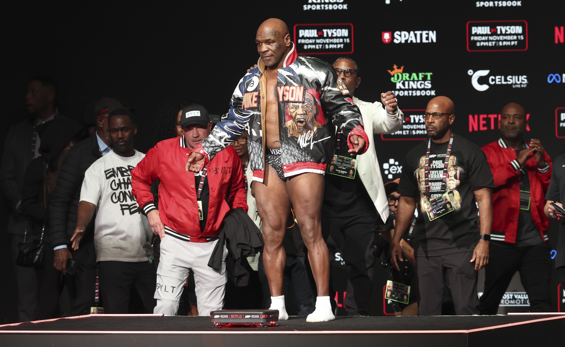 Nov 14, 2024; Irving, TX, USA; Mike Tyson weighs in the day before his fight against Jake Paul at the Toyota Music Factory.
