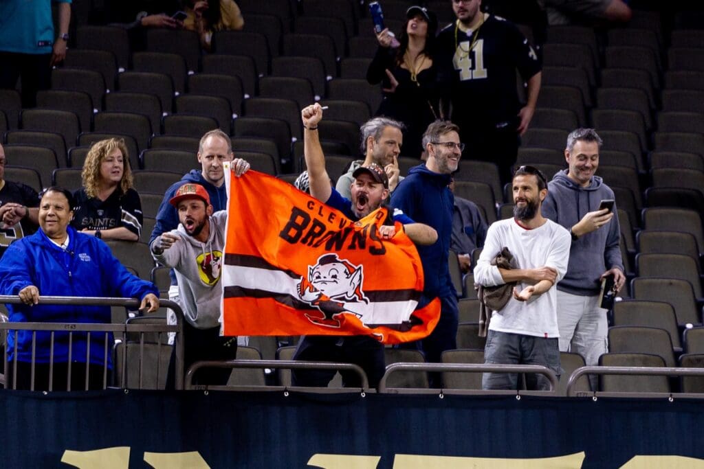 Nov 17, 2024; New Orleans, Louisiana, USA; Cleveland Browns fans cheer after the game against the New Orleans Saints at Caesars Superdome.