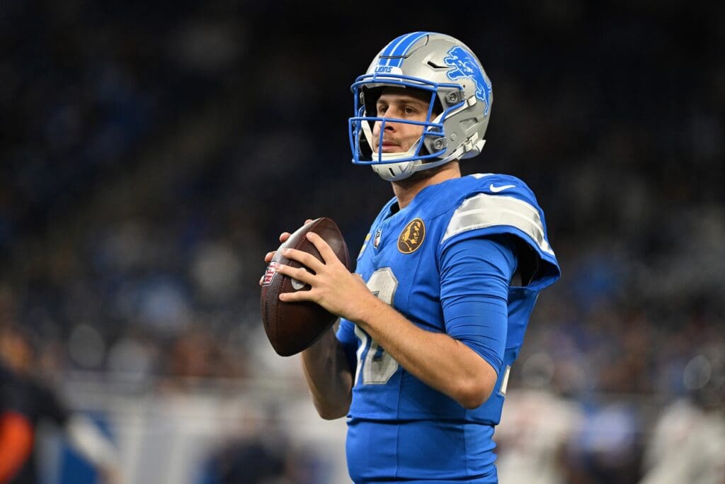 Nov 28, 2024; Detroit, Michigan, USA; Detroit Lions quarterback Jared Goff (16) throws passes during pregame warmups before their game against the Chicago Bears at Ford Field