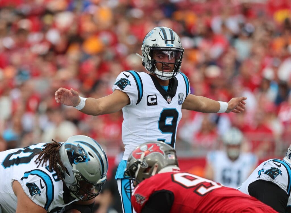 Dec 29, 2024; Tampa, Florida, USA; Carolina Panthers quarterback Bryce Young (9) calls a play against the Tampa Bay Buccaneers during the first quarter at Raymond James Stadium. Mandatory Credit: Kim Klement Neitzel-Imagn Images