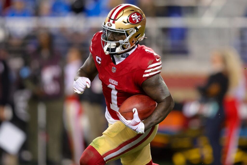 Dec 30, 2024; Santa Clara, California, USA; San Francisco 49ers wide receiver Deebo Samuel Sr. (1) during the game against the Detroit Lions at Levi's Stadium. Mandatory Credit: Sergio Estrada-Imagn Images