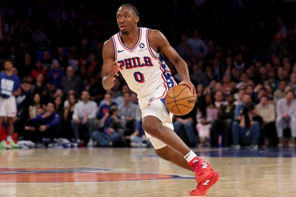 Feb 26, 2025; New York, New York, USA; Philadelphia 76ers guard Tyrese Maxey (0) brings the ball up court against the New York Knicks during the fourth quarter at Madison Square Garden.