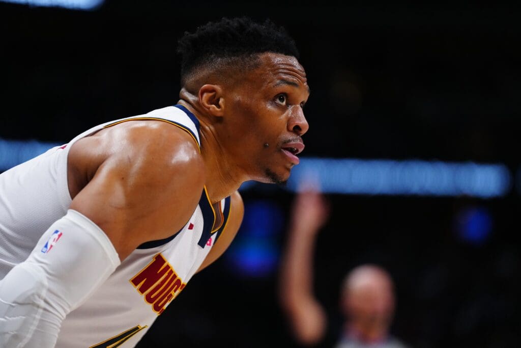 Apr 11, 2025; Denver, Colorado, USA; Denver Nuggets guard Russell Westbrook (4) during the second half against the Memphis Grizzlies at Ball Arena. Mandatory Credit: Ron Chenoy-Imagn Images