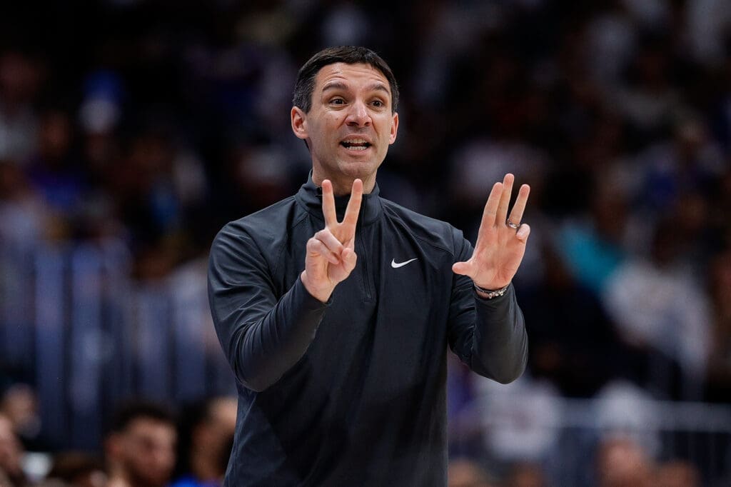 May 15, 2025; Denver, Colorado, USA; Oklahoma City Thunder head coach Mark Daigneault gestures in the third quarter against the Denver Nuggets during game six of the second round for the 2025 NBA Playoffs at Ball Arena.