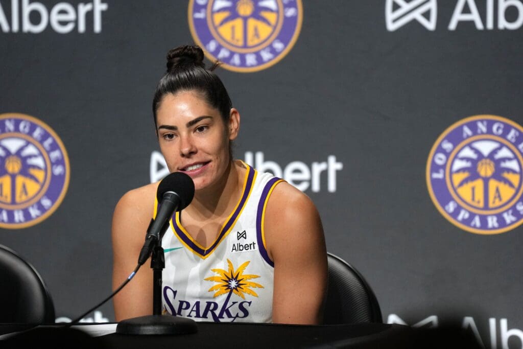May 16, 2025; San Francisco, California, USA; Los Angeles Sparks guard Kelsey Plum (10) talks with media members after the game against the Golden State Valkyries at Chase Center.