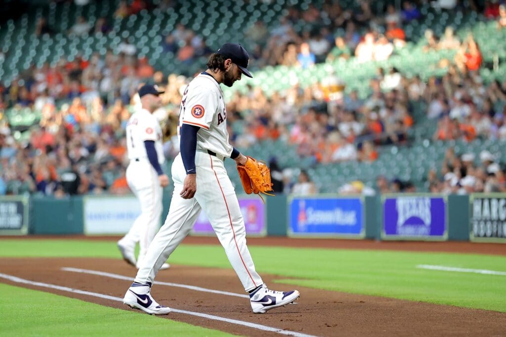 May 22, 2025; Houston, Texas, USA; Houston Astros starting pitcher Lance McCullers Jr. (43) walks to the dugout after retiring the side against the Seattle Mariners during the first inning at Daikin Park