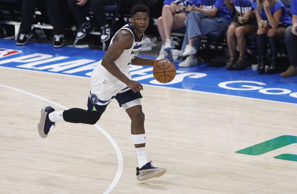 May 22, 2025; Oklahoma City, Oklahoma, USA; Minnesota Timberwolves guard Anthony Edwards (5) dribbles against the Oklahoma City Thunder in the second quarter during game two of the western conference finals for the 2025 NBA Playoffs at Paycom Center