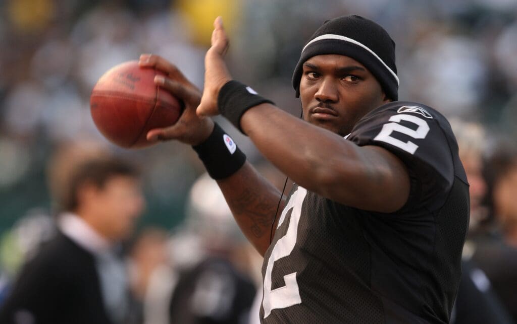 Nov. 9, 2008; Oakland, CA, USA; Oakland Raiders quarterback JaMarcus Russell (2) during the fourth quarter against the Carolina Panthers at Oakland-Alameda County Coliseum. The Panthers defeated the Raiders 17-6. Mandatory Credit: Kyle Terada-USA TODAY Sports
