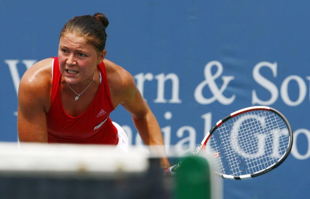 Aug 15, 2009; Mason, OH, USA; Dinara Safina (RUS) serves against Flavia Pennetta (ITA) in the semifinals of the Western and Southern Financial Group Womens Open at Lindner Family Tennis Center. Safina won 6-2, 6-0. Mandatory Credit: Frank Victores-USA TODAY Sports