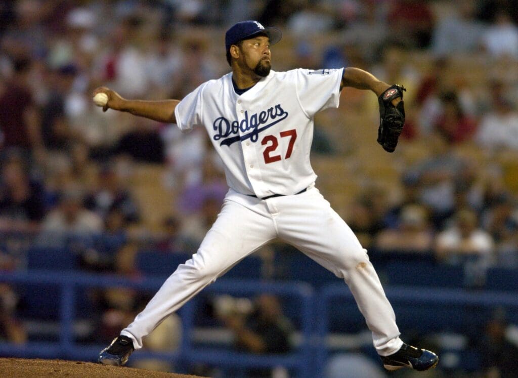 Aug 20; 2004; Los Angeles, CA, USA; Los Angeles Dodger starter Jose Lima (27) pitched eight innings and allowed one earned run on seven hits while strikeing out six without a walk during 3-2 11-inning victory over the Atlanta Braves at Dodger Stadium