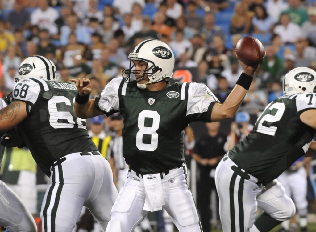Aug. 21, 2010; Charlotte, NC, USA; New York Jets quarterback Mark Brunell (8) against the Carolina Panthers at Bank of America Stadium.
