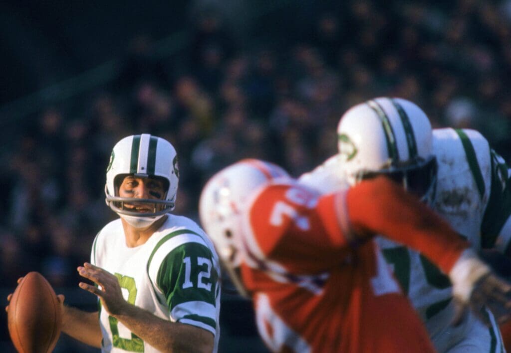 Unknown date; Boston, MA, USA: FILE PHOTO; New York Jets quarterback Joe Namath (12) in action against the Boston Patriots.