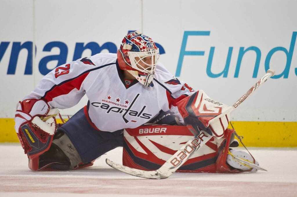 Feb 22, 2012; Ottawa, ON, CAN; Washington Capitals goalie Tomas Vokoun (29) during warmup prior to game against the Ottawa Senators at Scotiabank Place.
