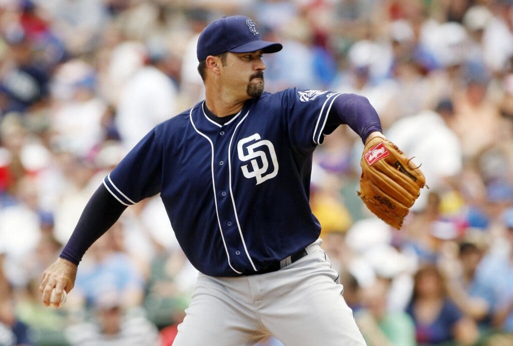 May 28, 2012; Chicago, IL, USA; San Diego Padres starting pitcher Jeff Suppan throws a pitch during the first inning against the Chicago Cubs at Wrigley Field