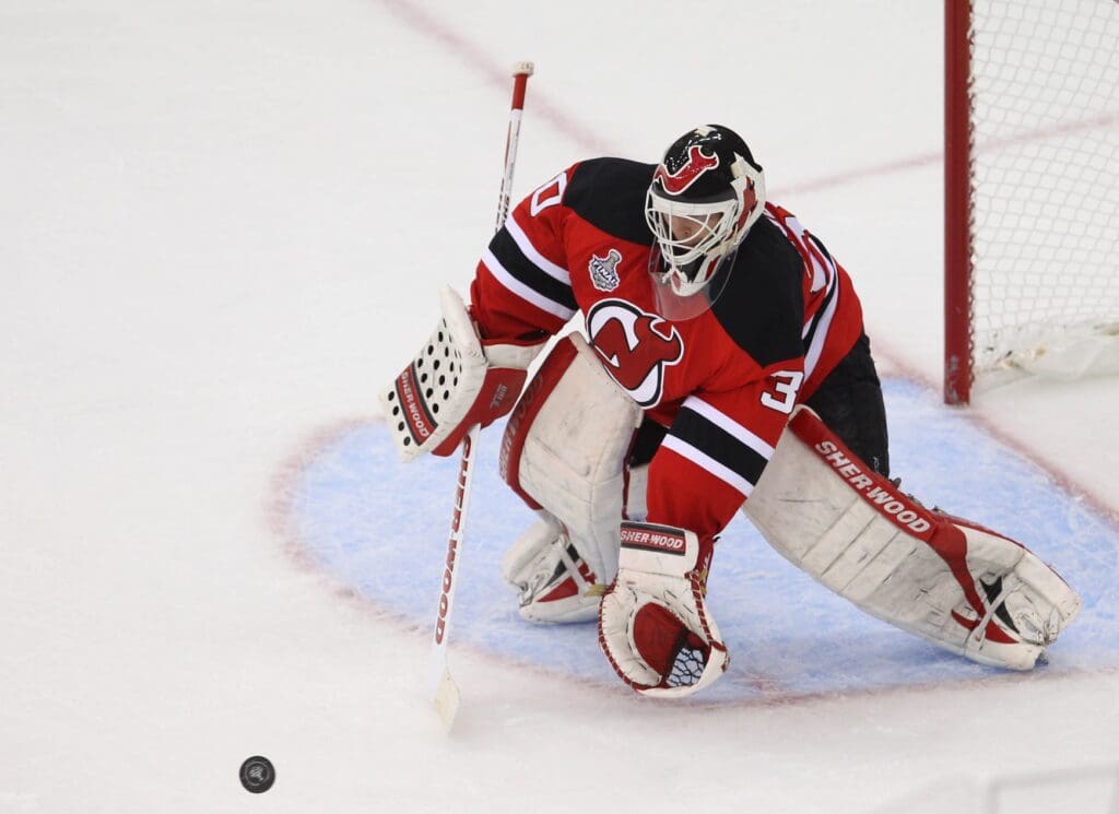 May 30, 2012; Newark, NJ, USA; New Jersey Devils goalie Martin Brodeur (30) makes a save during the second period in game one of the 2012 Stanley Cup Finals against the Los Angeles Kings at the Prudential Center.