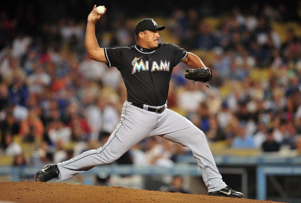 August 24, 2012; Los Angeles, CA, USA; Miami Marlins starting pitcher Carlos Zambrano (38) pitches during the seventh inning against the Los Angeles Dodgers at Dodger Stadium.