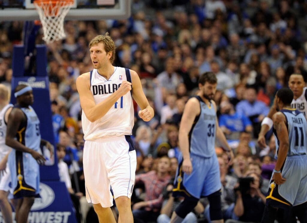 Jan 12, 2013; Dallas, TX, USA; Dallas Mavericks power forward Dirk Nowitzki (41) reacts after making a basket during the second half against the Memphis Grizzlies at the American Airlines Center. The Mavericks defeated the Memphis Grizzlies 104-83