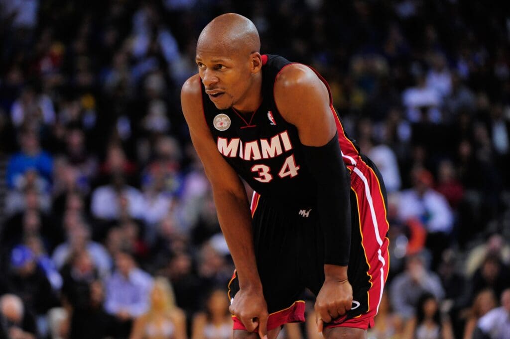 January 16, 2013; Oakland, CA, USA; Miami Heat shooting guard Ray Allen (34) looks on during the second quarter against the Golden State Warriors at Oracle Arena. The Heat defeated the Warriors 92-75