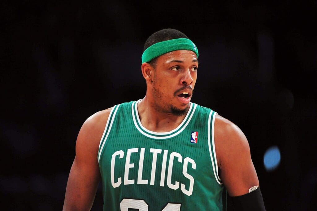 February 20, 2013; Los Angeles, CA, USA; Boston Celtics small forward Paul Pierce (34) during a stoppage in play against the Los Angeles Lakers during the first half at Staples Center